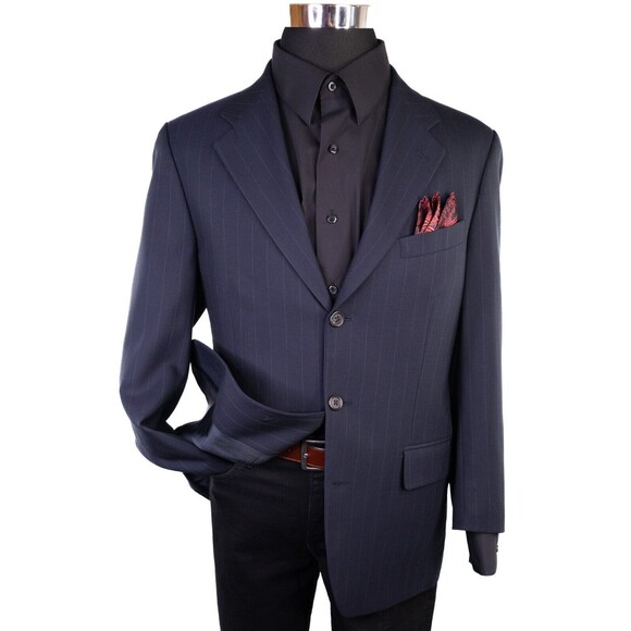 CHAPS Ralph Lauren Mens Blazer Navy Pin Stripe Sz 42s Jack Sports Coat 3 Button - Picture 2 of 14
